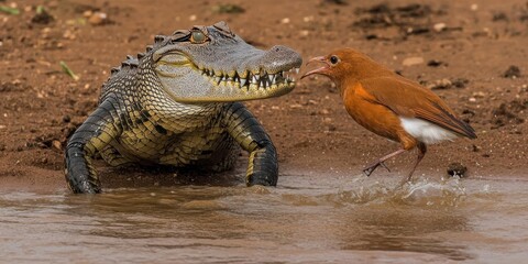 A crocodile and a bird interact near water, showcasing a moment of nature's balance.