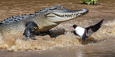 Obraz premium A crocodile lunges at a bird in a muddy river scene.