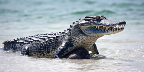 Obraz premium A crocodile partially emerges from the water, showcasing its powerful jaws and textured skin.