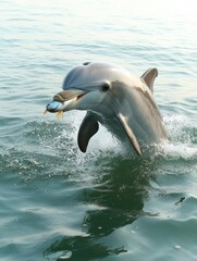 A dolphin leaps from the water, catching a fish in its mouth.