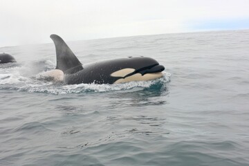 A close-up of an orca swimming in the ocean.