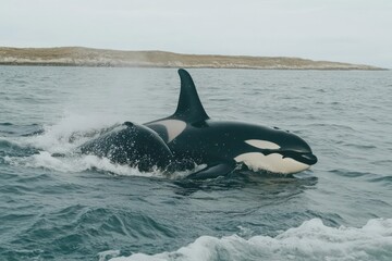 Naklejka premium A majestic orca swimming in the ocean, showcasing its sleek body and dorsal fin.