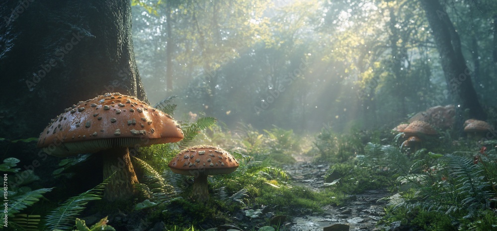 Poster a tranquil forest scene featuring large mushrooms and soft sunlight filtering through trees.