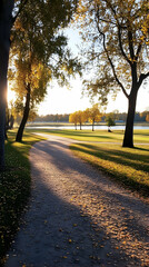 Obraz premium Autumn Sunset Path Peaceful fall walk along lakeside trail, sunlit trees, calm water background; perfect for travel, nature, relaxation.