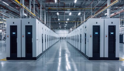 Obraz premium Racks of sleek, modern battery storage units aligned in a spacious, well-lit facility, showcasing efficient renewable energy storage for a sustainable future.