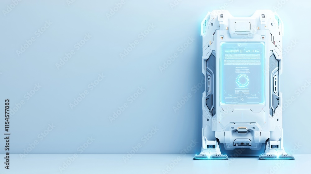 Poster a sleek, futuristic device with a glowing interface stands against a minimalistic backdrop, showcasi