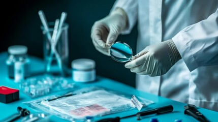 Detective carefully analyzes clues and traces at a crime scene, showcasing meticulous investigation and pursuit of truth.
