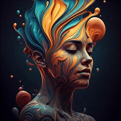 A surreal and dreamlike digital artwork depicting a woman's face engulfed by a vibrant, swirling mass of colors.