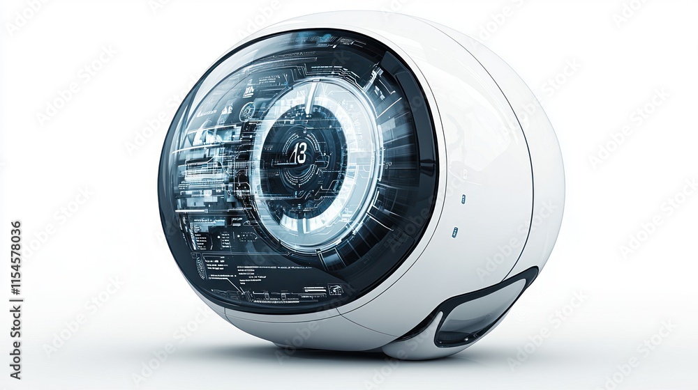 Poster a futuristic, spherical device featuring a transparent display, showcasing intricate digital circuit