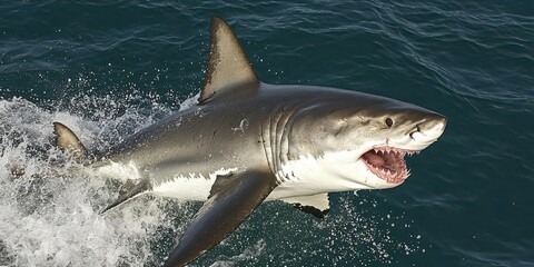 Obraz premium A great white shark breaching the water's surface, showcasing its powerful physique.