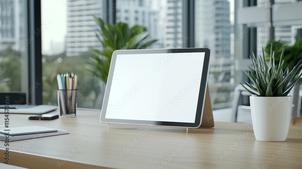Poster a sleek workspace with a blank tablet screen displayed prominently during an ongoing business brains