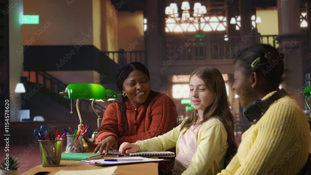 Poster elementary school pupils working with a professor practicing mathematics and developing their academ