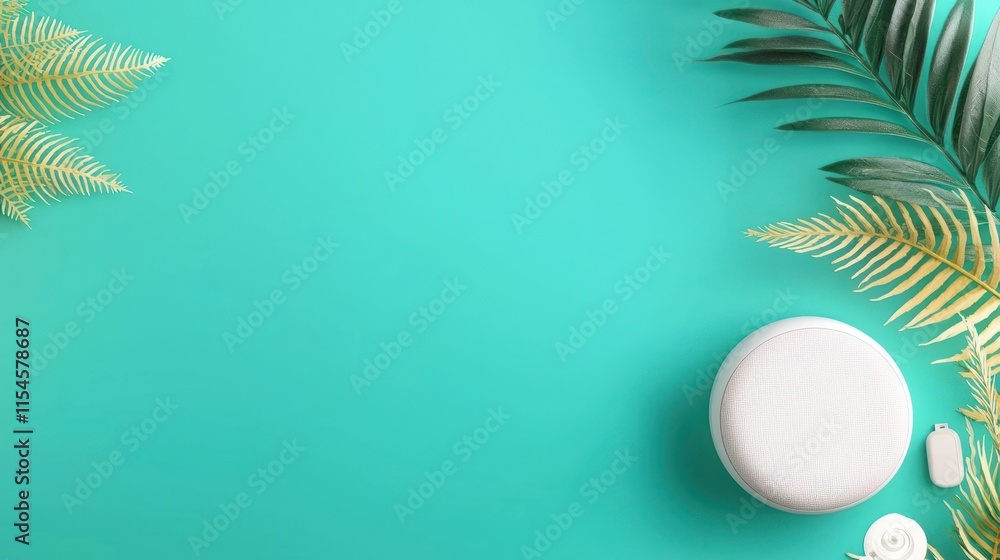 Poster a calming turquoise background features white round objects and lush green foliage, creating a seren