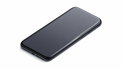 Black smartphone mockup, angled view, white background, app design, website template.