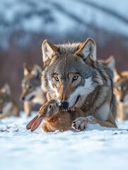Fototapeta premium A wolf captures a rabbit in a snowy landscape, surrounded by other wolves in the background.