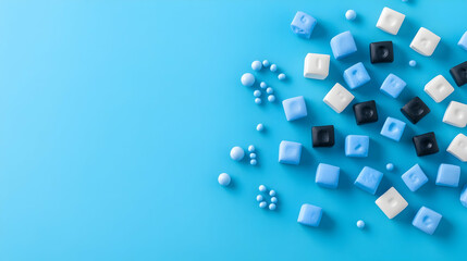 Blue background candy cubes and pearls; sweet treats, confectionery, dessert, food photography, website banner.