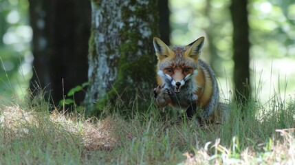 A fox stealthily approaches in a forested area, showcasing its natural hunting behavior.