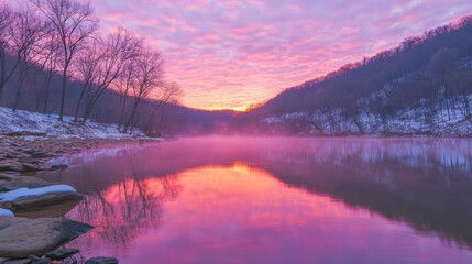 Fototapeta premium Serene Sunrise Over Tranquil River and Misty Landscape in Winter