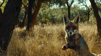 Fototapeta premium A fox stands in a sunlit field surrounded by trees and tall grass.