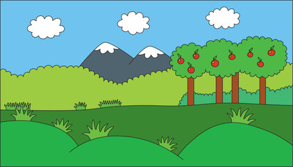 Fototapeta premium summer green meadow with apple trees growing on it, large bushes and snowy mountains in the distance under a blue sky with clouds