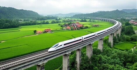 High-Speed Train Traveling Through Lush Green Rice Fields and Scenic Landscapes