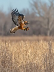Fototapeta premium A hawk in flight over a field, showcasing its hunting prowess and natural beauty.