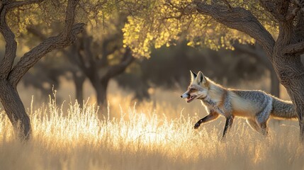 A fox walks gracefully through a sunlit meadow, surrounded by trees and golden grass.