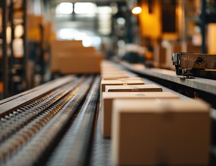 Conveyor Belt of Cardboard Boxes in a Warehouse