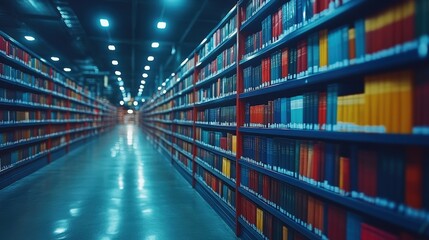 Long aisle of bookshelves in a large library, showing rows of colorful books.