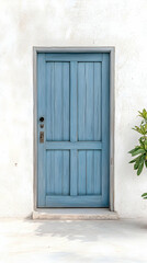 Blue wooden door entrance, white wall, plant, home design.