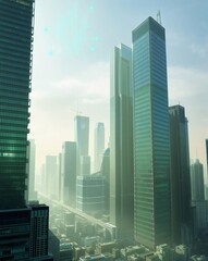 Obraz premium Futuristic Cityscape with Skyscrapers and Technological Overlay