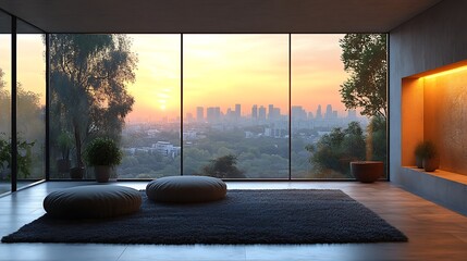 Modern Zen Living Room with City Sunset View. Concept of Relaxation, Calm, and Modern Architecture.