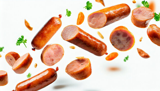Grilled sausages flying in the air isolated on a white background