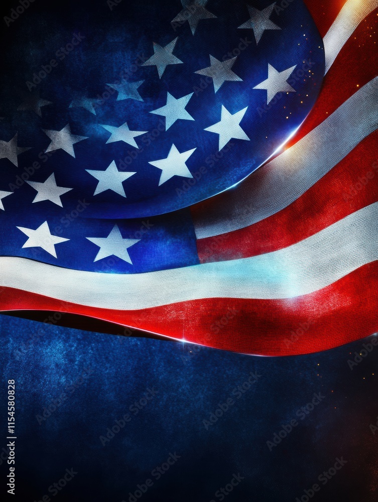 Poster flowing fabric of the american flag with rich colors and dynamic texture against a dark background. 