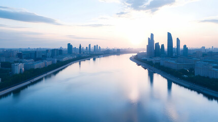 Fototapeta premium Cityscape Sunrise River Reflection Aerial View.