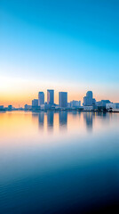 Naklejka premium Cityscape sunrise reflection, calm lake, urban dawn, buildings, tranquil, website banner.