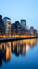 Cityscape, waterfront buildings, twilight reflection, Boston, urban development, real estate.
