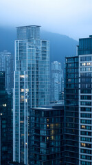 Obraz premium Cityscape, Vancouver condo towers at dusk, mountain backdrop, urban development, real estate.