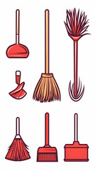 Naklejka premium Cleaning tools illustration, broom, dustpan, brush, housework, graphic design, website, app.
