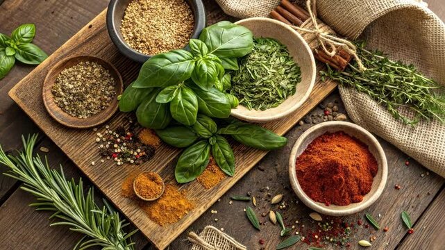 Herb and Spice Focus An artistic arrangement of fresh herbs and es on a rustic table with basil oregano and cumin highlighted showcasing how flavorings can enhance meals without