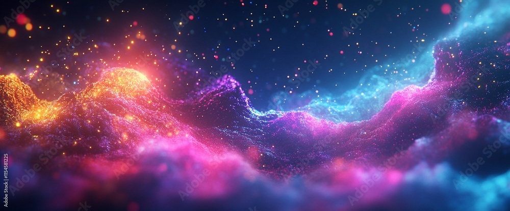 Poster a vibrant cosmic landscape with colorful waves and sparkling elements.