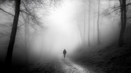 Fototapeta premium Solitary Figure Walking Through Foggy Woods