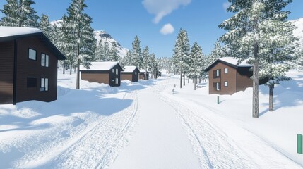Fototapeta premium Snowy Winter Scene with Cozy Cabins in a Serene Forest Landscape