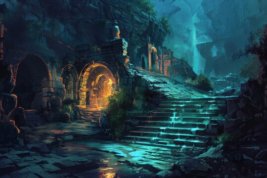 Mysterious temple ruins overgrown with moss and vines in a magical forest