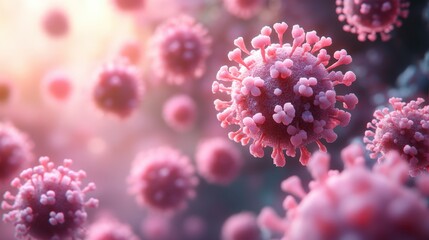 Microscopic view of pink viruses, pathogens, or cells.