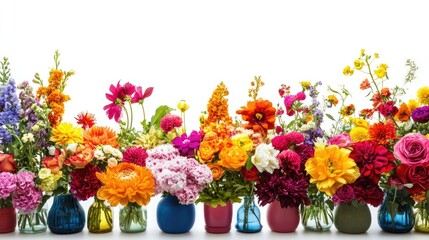 A flower shop banner with vibrant floral arrangements in vases and pots, set against a bright white background.
