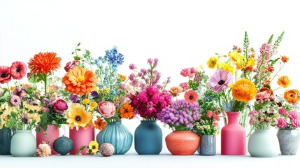 A flower shop banner with vibrant floral arrangements in vases and pots, set against a bright white background.