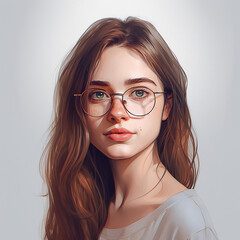 Obraz premium A portrait of a young woman with long brown hair and glasses