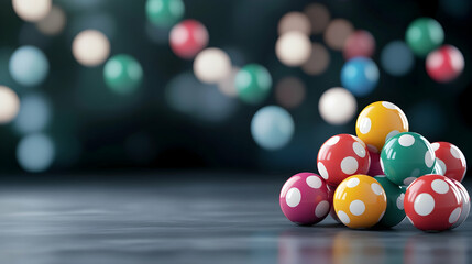 Colorful polka dot balls pyramid on dark surface, bokeh background, 3D render, website banner.