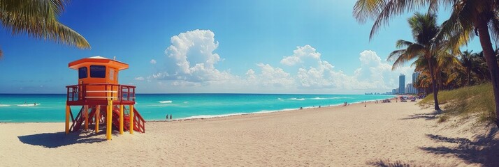 Sunny Miami beach with a vibrant lifeguard tower and clear blue waters inviting visitors to enjoy the seaside. Generative AI